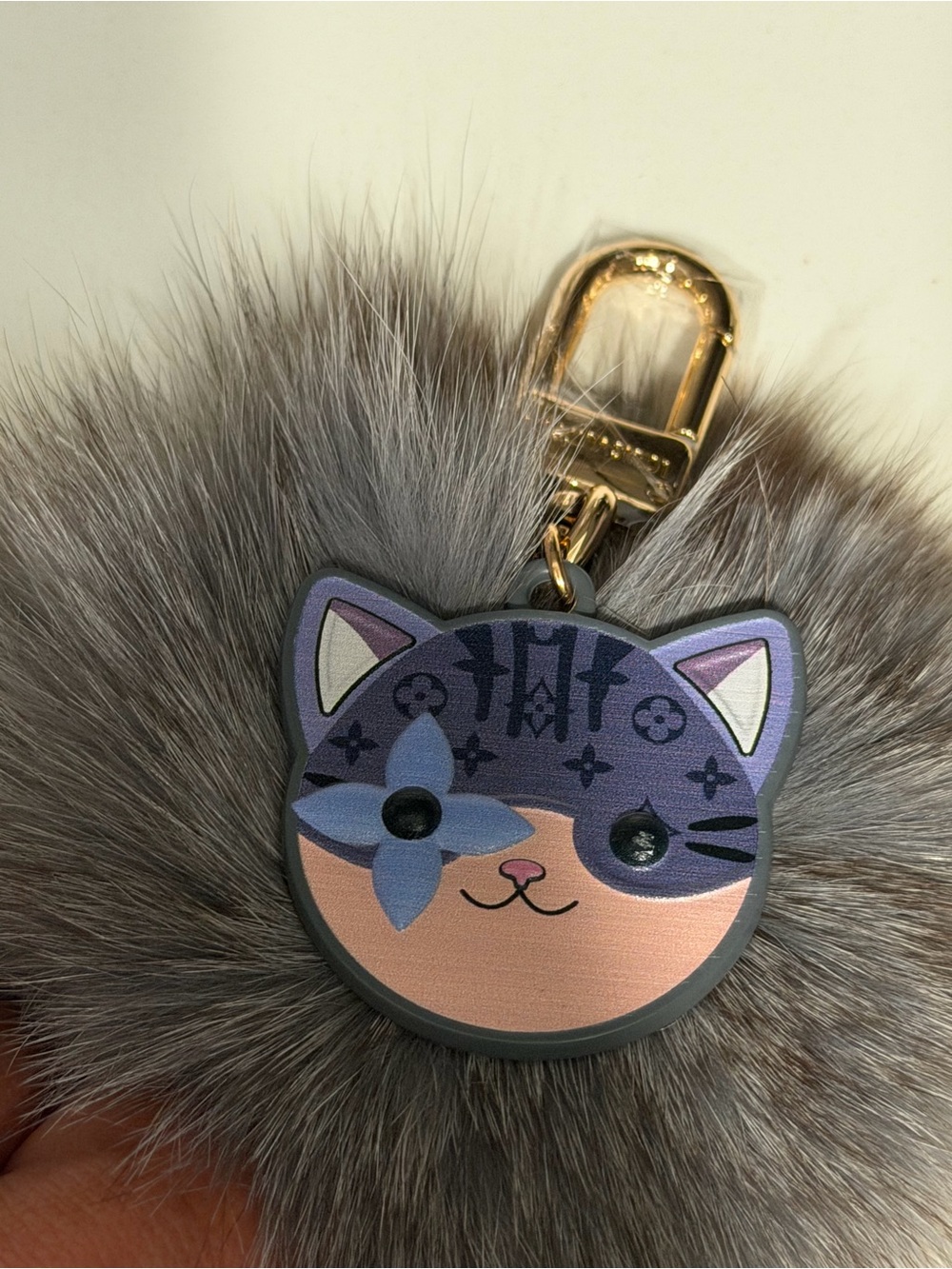Gray Cat Pom Keychain with Gold Clip